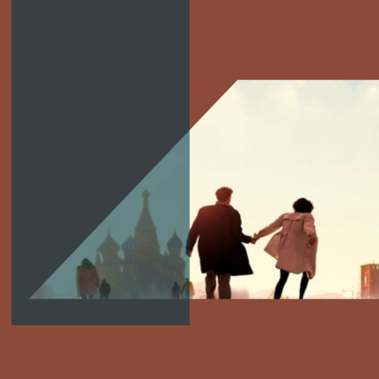 illustration af par set bagfra, der holder i hånden foran russiske bygniger