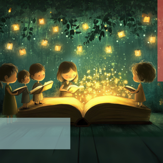 Tegning af børn rundt om stor fortryllet bog