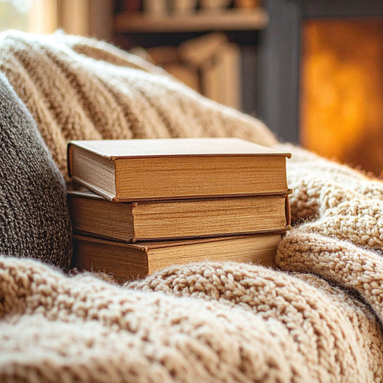 Bogstak i tæpper foran pejs