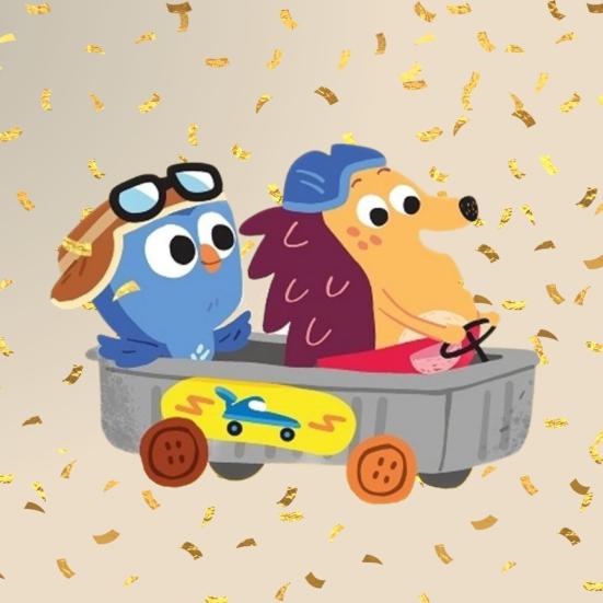 To animerede figurer - hvor den ene er Børste - sidder i en lille legetøjsbil med konfetti i baggrunden.