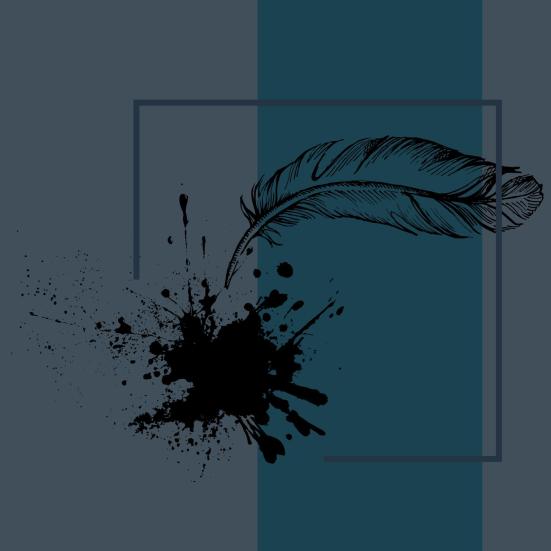 Grafisk illustration af en fjerpen med en blækklat på en mørk baggrund.