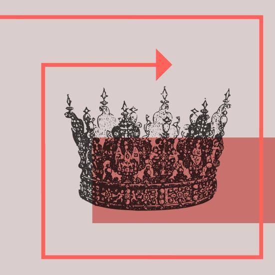 Dekorativ krone i grafisk design med røde linjer og farveblokke.