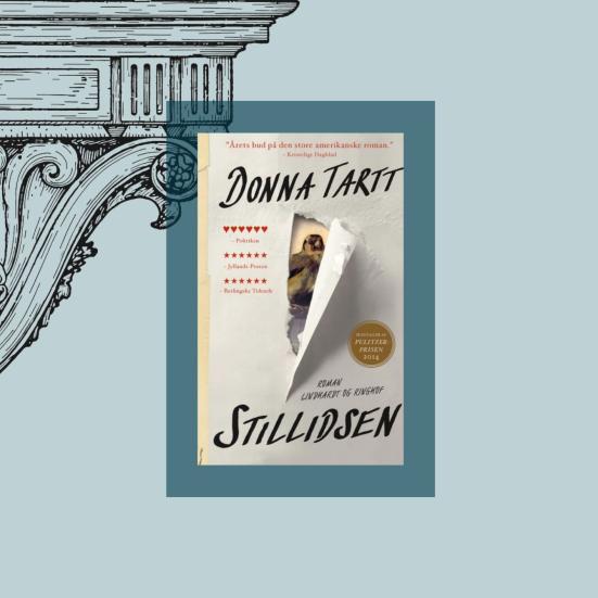 Forside på bogen ‘Stillidsen’ af Donna Tartt, vist på en lys baggrund med illustrationer af en renæssancesølje som symbol på kunsten.
