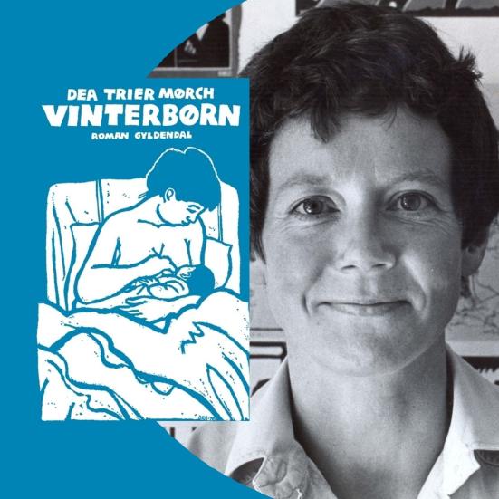 Bogcoveret "Vinterbørn" ved siden af et sort-hvidt portræt af Dea Trier Mørch, fotograferet af Gregers Nielsen, Gyldendals Billedbibliotek