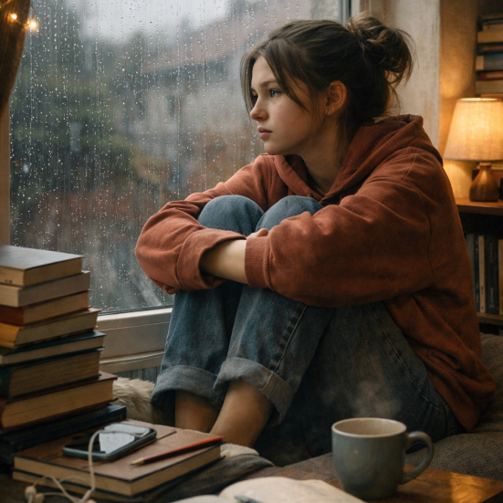 teenagepige kigger ud gennem vinduet, det regner udenfor