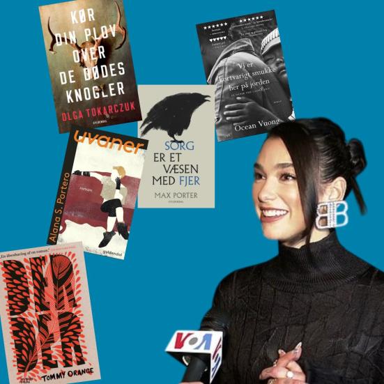 Dua Lipa og fem af de titler, som har været med i hendes bogklub og som optræder i artiklen.