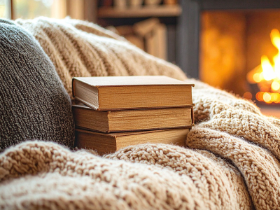 Bogstak i tæpper foran pejs