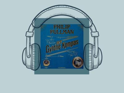 Forside til "Det Gyldne Kompas" af Philip Pullman på grafisk baggrund med høretelefoner.