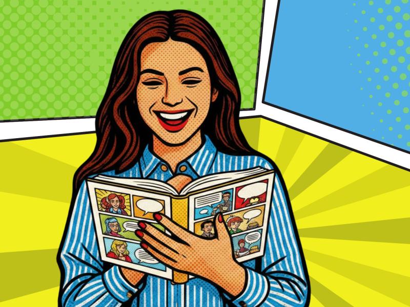Illustration af en smilende person, der læser en tegneserie.