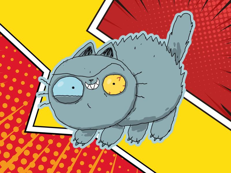 Illustration af den fjollet grå kat Møgmis med forskelligfarvede øjne.