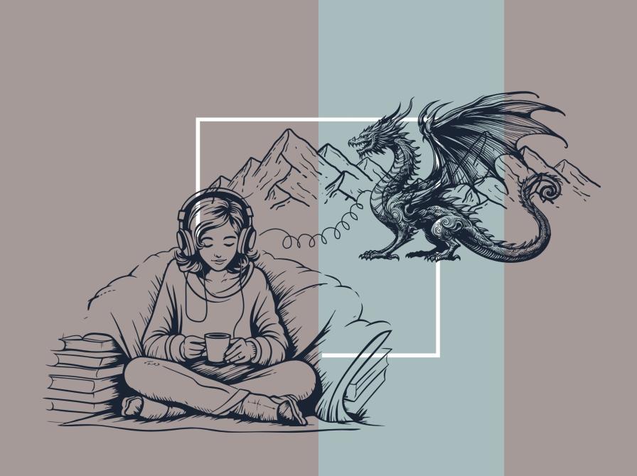 pige, der lytter til lydbøger. drage i baggrunden