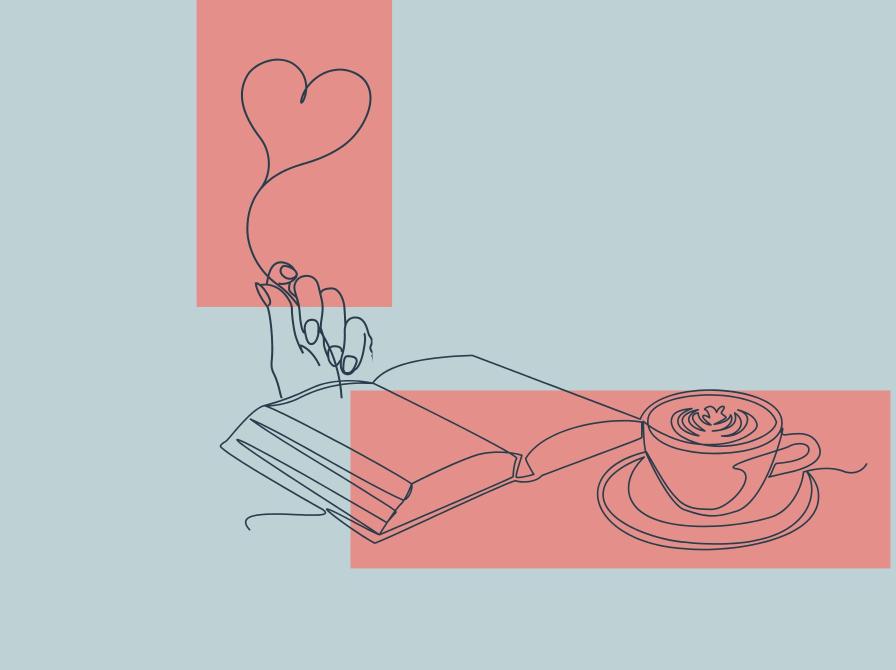 Illustration med en åben bog, kop kaffe og et hjerte der står op af bogen som en ballon