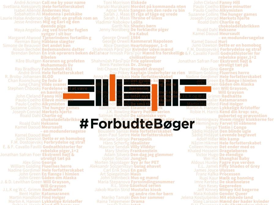 Logo for PENs kampagne 2026 #ForbudteBøger på en baggrund med titler af forbudte bøger.