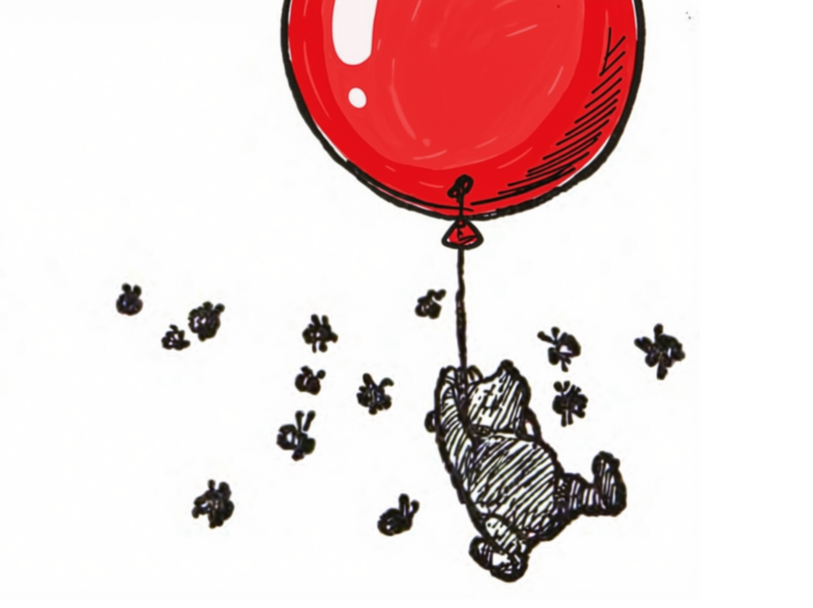 Illustration af Peter Plys, der holder fast i en stor rød ballon.