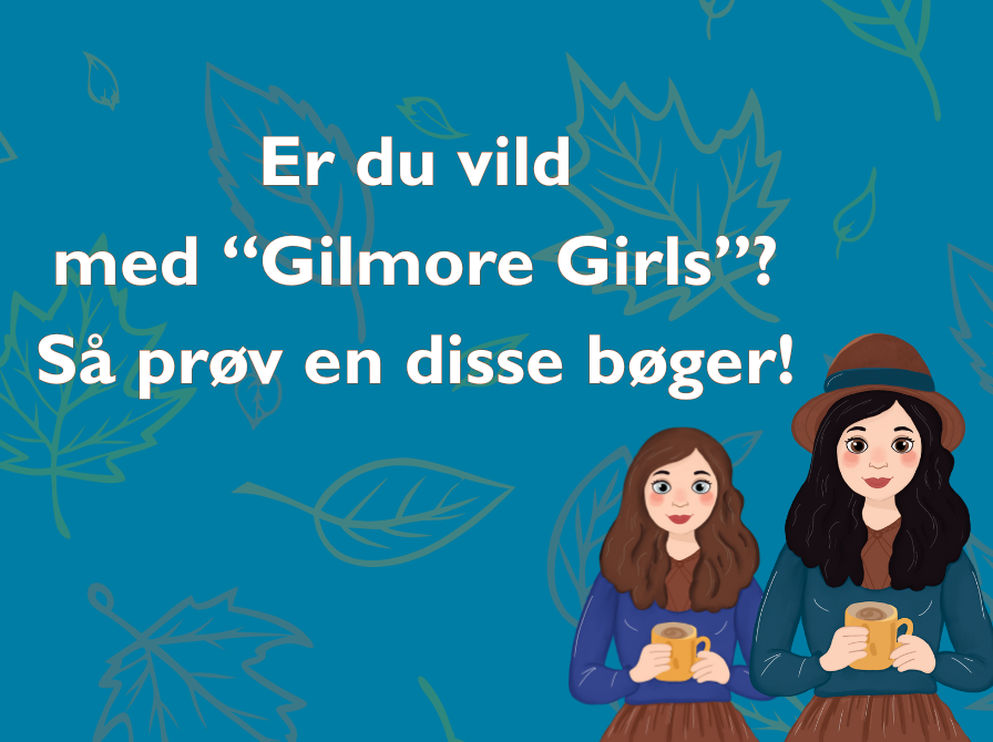 Baggrund med efterårsblade og i front de to hovedpersoner fra Gilmore Girls med en kop kaffe hver