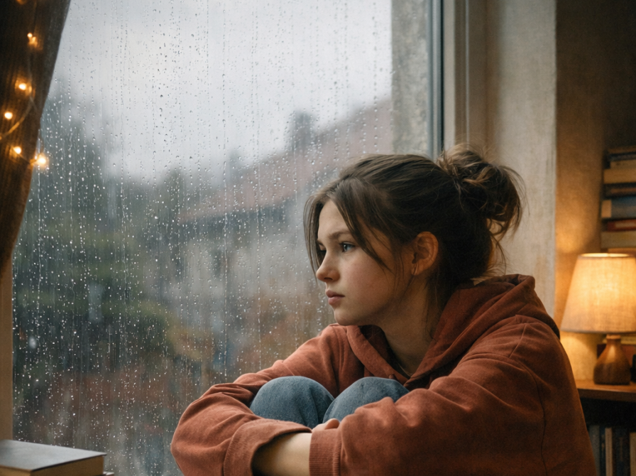 teenagepige kigger ud gennem vinduet, det regner udenfor