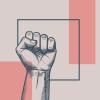 Illustration af en knyttet næve som symbol på protest på en minimalistisk baggrund.