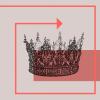 Dekorativ krone i grafisk design med røde linjer og farveblokke.