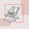 Illustration af en liggestol med en stak bøger og små strandskaller.