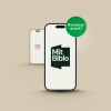 Telefon med Mit Biblo-logo, bagved en sløret telefon med Biblioteket-appens logo. Grøn sticker med teksten "Kommer snart"