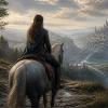 AI-genereret illustration af en kvinde på en hest med ryggen til, mens hun kigger ud over et fantasylandskab